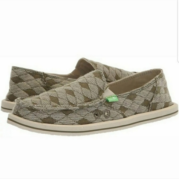 Sanuk Donna Quilt Burnt Olive Argyle Green Falts Shoes - Picture 1 of 16